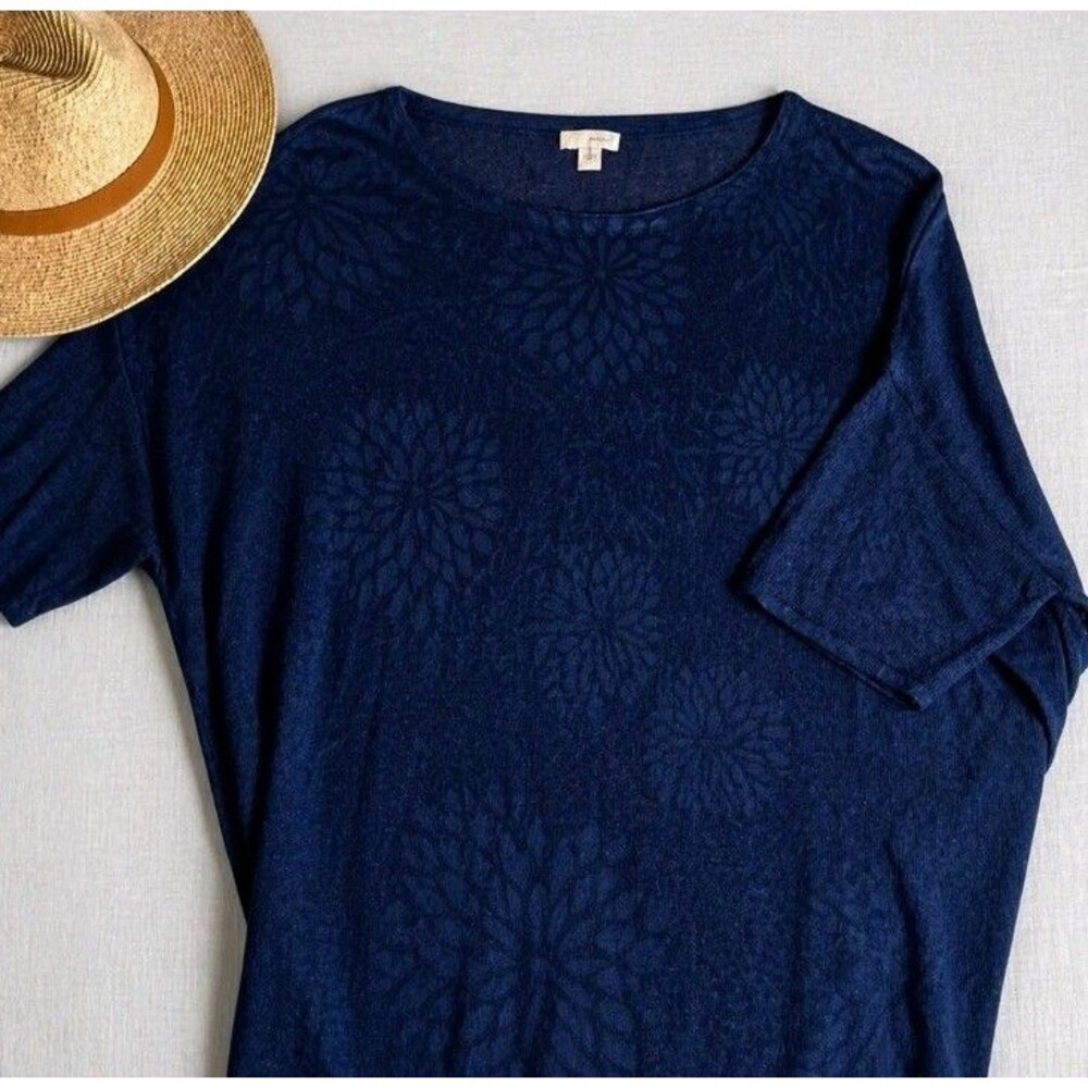 J. Jill Navy Semi Sheer Floral Linen Blend L Tunic Lightweight Resort Coastal